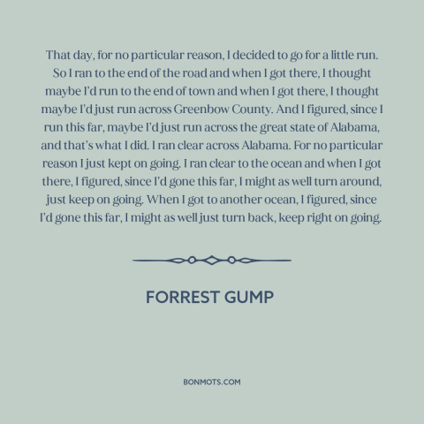 A quote from Forrest Gump about running: “That day, for no particular reason, I decided to go for a little run.”