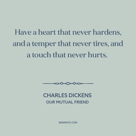 A quote by Charles Dickens about vulnerability: “Have a heart that never hardens, and a temper that never tires, and a…”