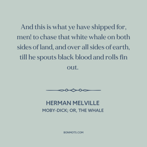 A quote by Herman Melville about obsession: “And this is what ye have shipped for, men! to chase that white whale…”