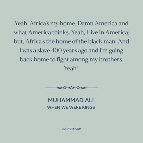 A quote from When We Were Kings about race relations: “Yeah, Africa's my home. Damn America and what America thinks. Yeah…”