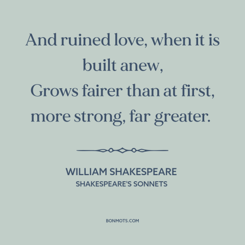 A quote by William Shakespeare about relationship challenges: “And ruined love, when it is built anew, Grows fairer than…”