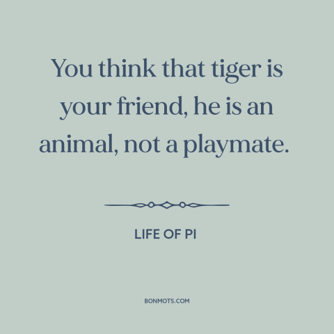 A quote from Life of Pi about man and animals: “You think that tiger is your friend, he is an animal, not a playmate.”