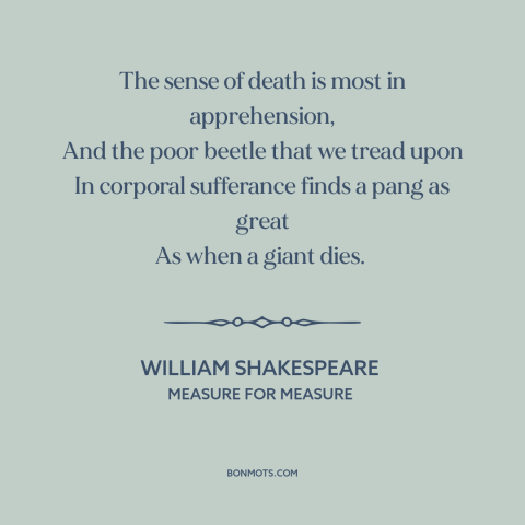 A quote by William Shakespeare about fear of death: “The sense of death is most in apprehension, And the poor beetle that…”