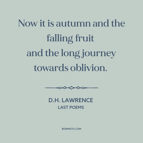 A quote by D.H. Lawrence about autumn: “Now it is autumn and the falling fruit and the long journey towards…”