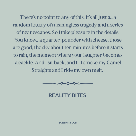 A quote from Reality Bites about meaninglessness: “There's no point to any of this. It's all just a...a random lottery of…”