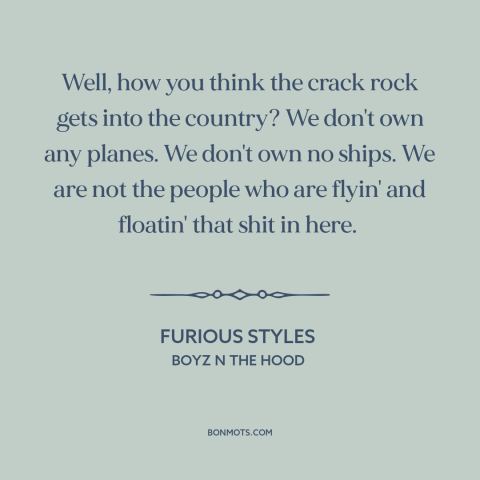 A quote from Boyz n the Hood about crack epidemic: “Well, how you think the crack rock gets into the country? We don't own…”