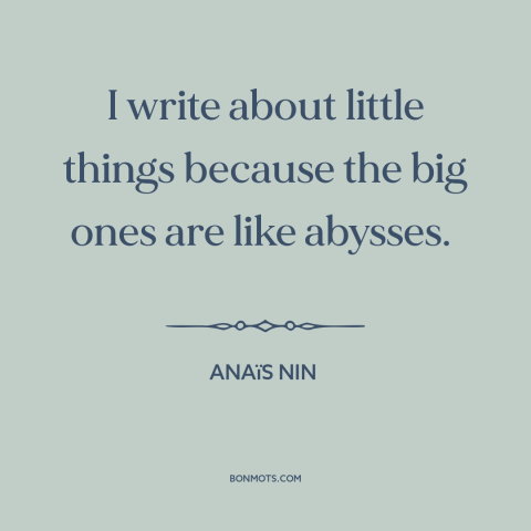 A quote by Anaïs Nin about the little things: “I write about little things because the big ones are like abysses.”