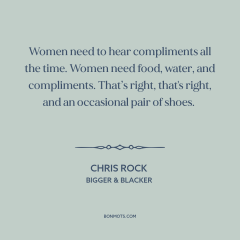 A quote by Chris Rock about human needs: “Women need to hear compliments all the time. Women need food, water, and…”