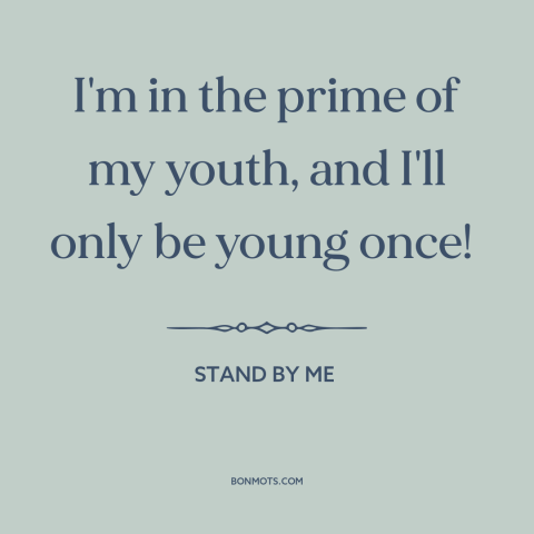 A quote from Stand By Me about youth: “I'm in the prime of my youth, and I'll only be young once!”