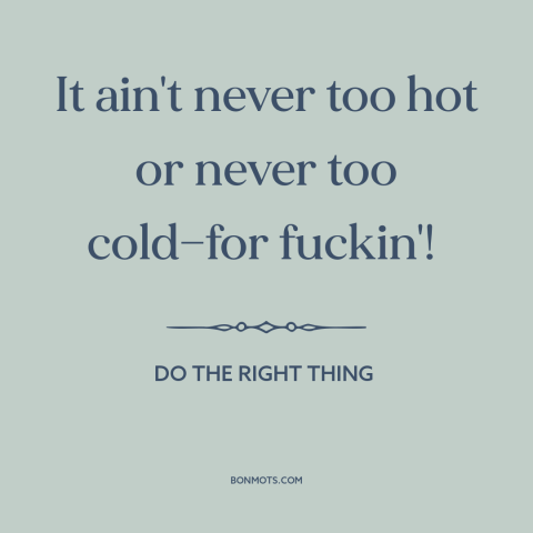 A quote from Do the Right Thing about sex: “It ain't never too hot or never too cold—for fuckin'!”