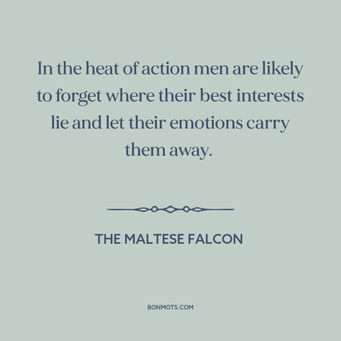 A quote from The Maltese Falcon about emotions: “In the heat of action men are likely to forget where their best interests…”