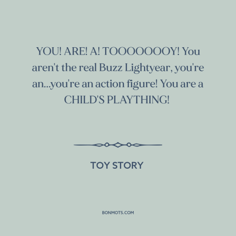 A quote from Toy Story about exasperation: “YOU! ARE! A! TOOOOOOOY! You aren't the real Buzz Lightyear, you're…”