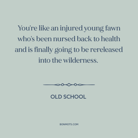 A quote from Old School about getting back out there: “You're like an injured young fawn who's been nursed back to health…”