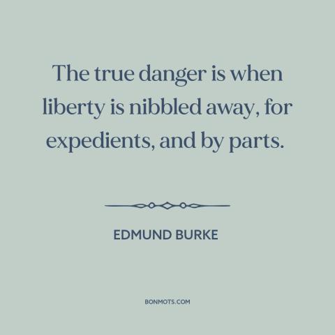 A quote by Edmund Burke about threats to freedom: “The true danger is when liberty is nibbled away, for expedients, and…”