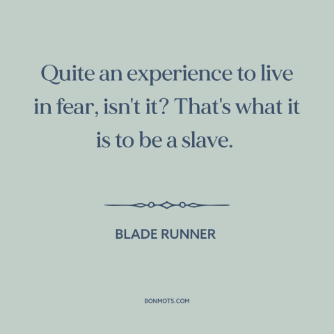 A quote from Blade Runner about living in fear: “Quite an experience to live in fear, isn't it? That's what it is to…”