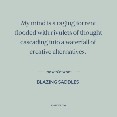 A quote from Blazing Saddles about thoughts: “My mind is a raging torrent flooded with rivulets of thought cascading into a…”