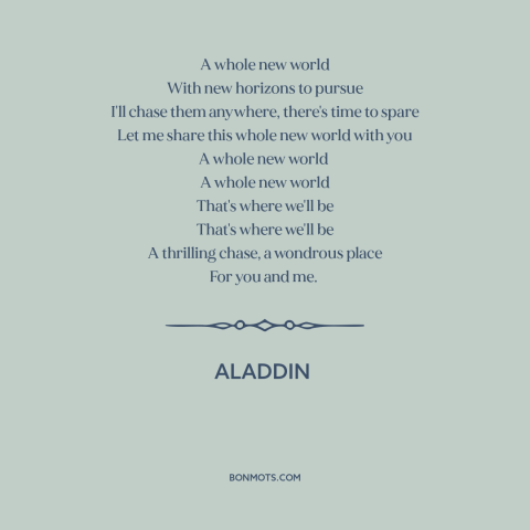 A quote from Aladdin about falling in love: “A whole new world With new horizons to pursue I'll chase them anywhere…”