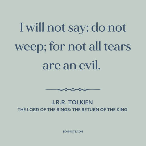 A quote by J.R.R. Tolkien about crying: “I will not say: do not weep; for not all tears are an evil.”