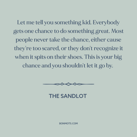 A quote from The Sandlot about facing one's fears: “Let me tell you something kid. Everybody gets one chance to…”