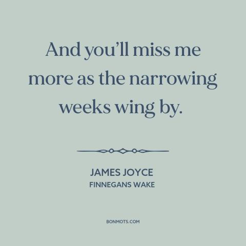 A quote by James Joyce about missing someone: “And you’ll miss me more as the narrowing weeks wing by.”