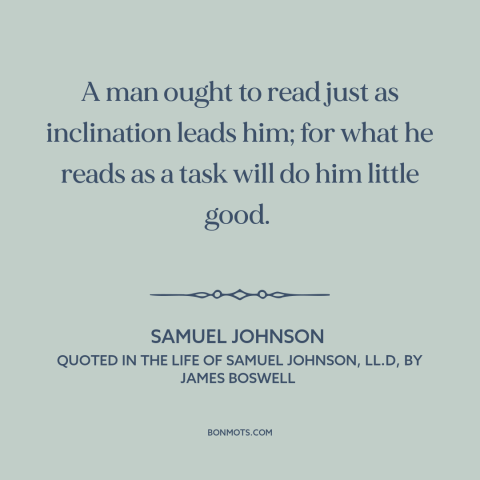 A quote by Samuel Johnson about reading: “A man ought to read just as inclination leads him; for what he reads…”